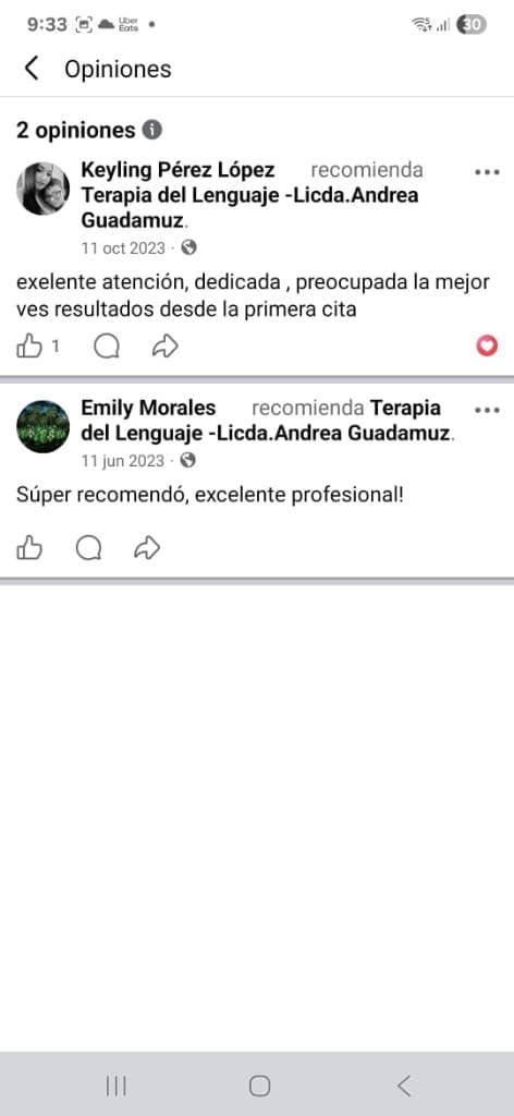 Captura de pantalla de reseñas públicas en la página de Facebook de la Licda. Andrea Guadamuz.